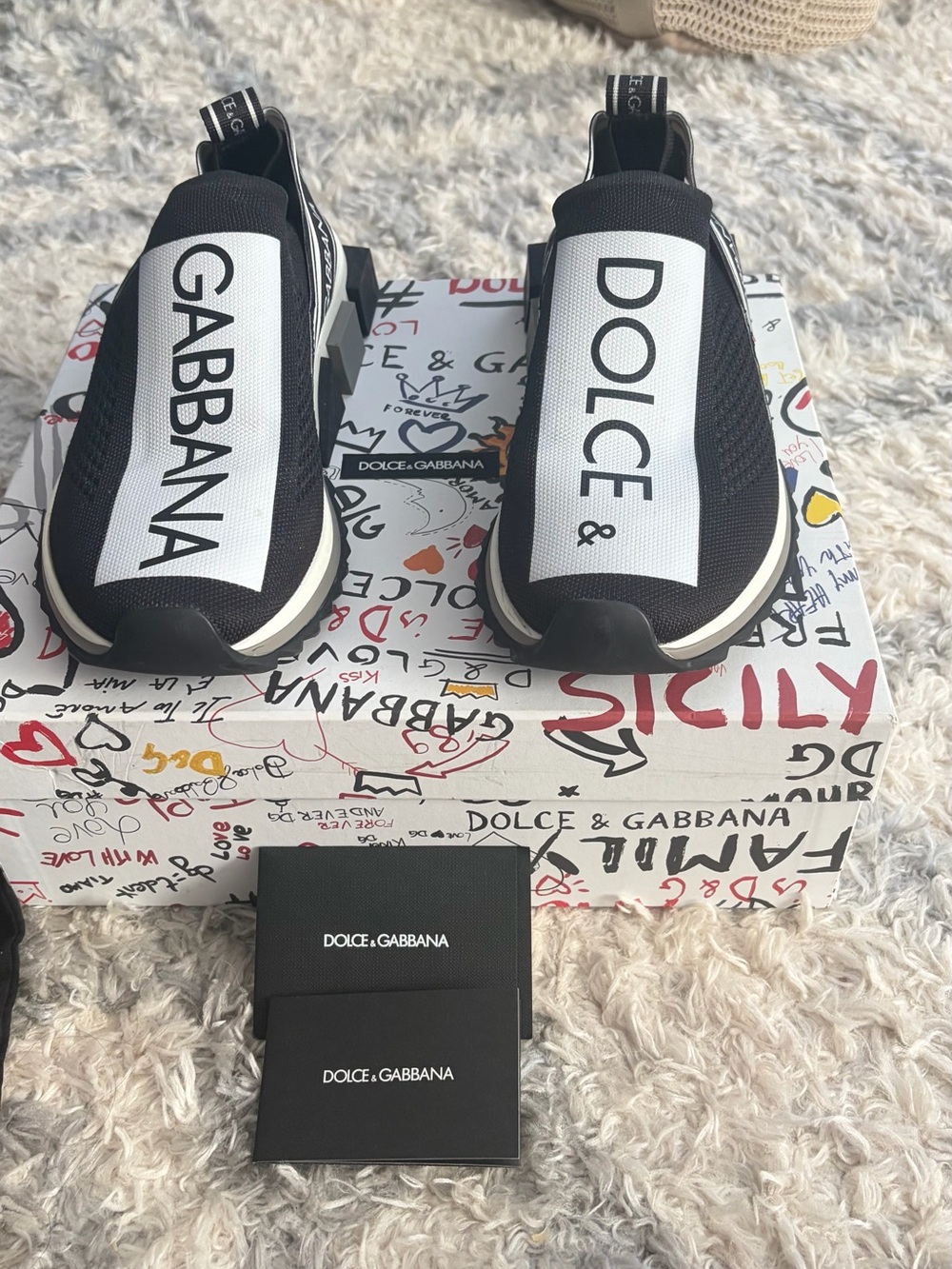 Dolce & Gabbana Black & White Logo Slip-On Sneakers